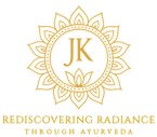 Golden mandala logo with JK initials and tagline Rediscovering Radiance Through Ayurveda, representing an Ayurvedic skincare brand