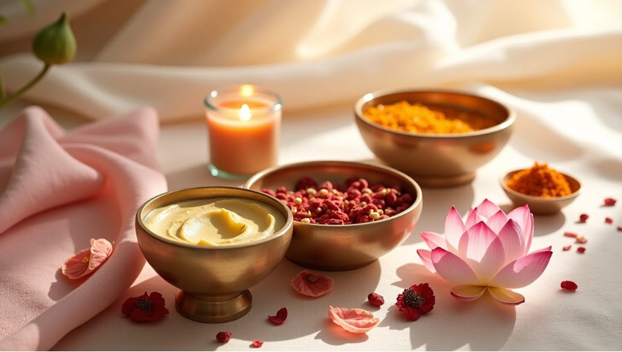 Ayurvedic skincare ingredients with golden bowls, lotus flower, rose petals, and soft candlelight