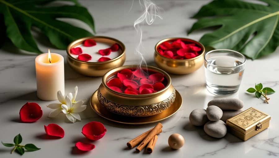 Flat lay of Ayurvedic golden bowls with rose petals, milk, incense, and sacred herbs on marble background.