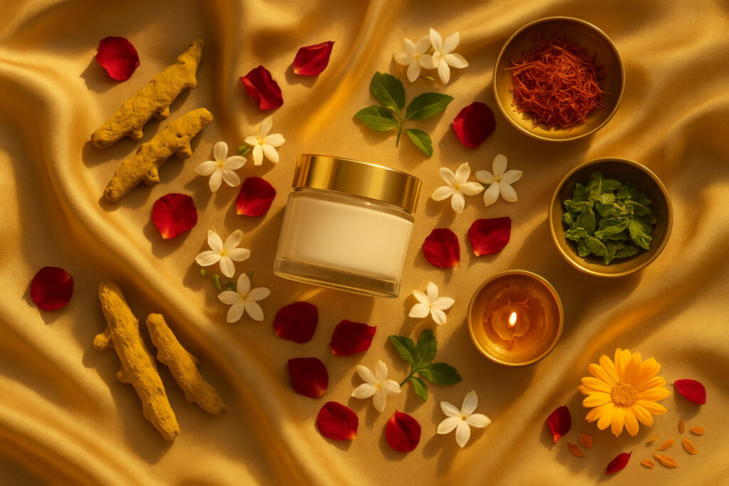Ayurvedic Skincare After 50 with traditional ingredients like saffron, turmeric, mint, and jasmine flowers arranged around a luxury cream jar on a golden silk background.