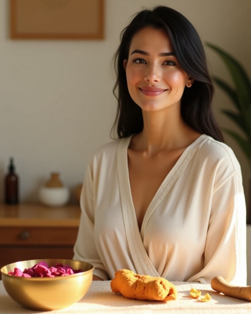A woman practicing Ayurvedic skincare after 50 using natural oils and herbs