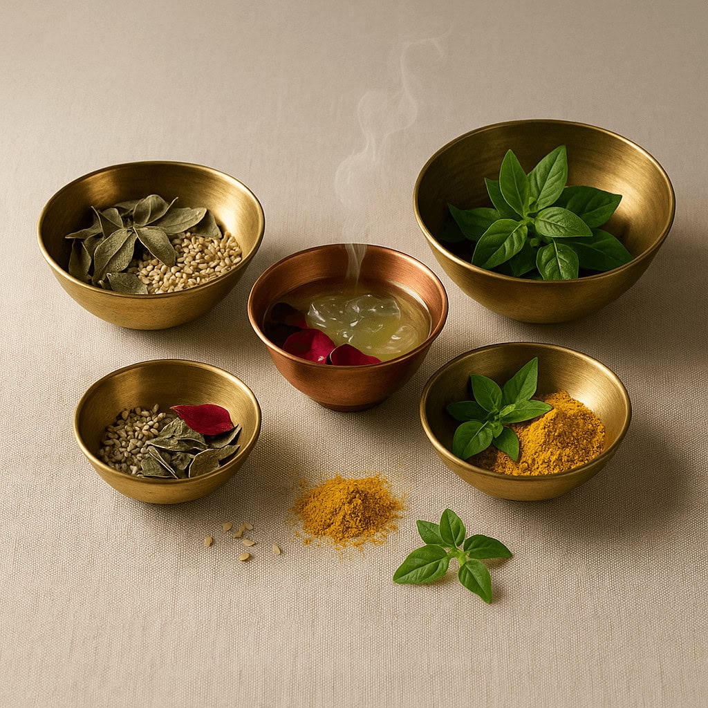 Top-down view of Ayurvedic herbs and spices like turmeric, tulsi, and grains arranged in brass and copper bowls.