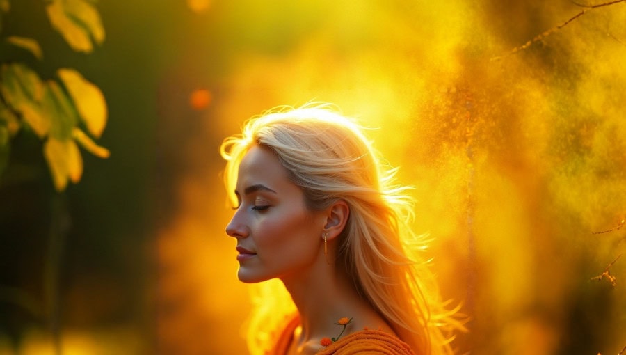 Portrait of a serene blonde woman in warm golden sunlight, eyes closed in peaceful reflection