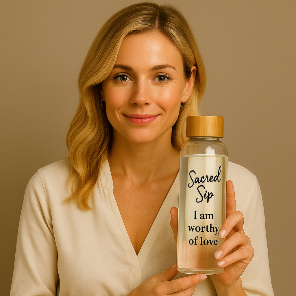 A radiant blonde woman in her 50s confidently holding a glass water bottle with a wooden cap labeled "Sacred Sip", symbolizing Ayurvedic affirmations and wellness rituals.