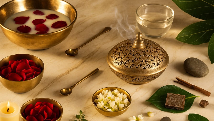 Brass bowls with rose petals, candle, healing stones, and herbs arranged for Ayurvedic ritual