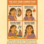 Cartoon illustration showing the gut-skin connection and how Ayurveda helps women 50+ restore skin glow through inner healing.