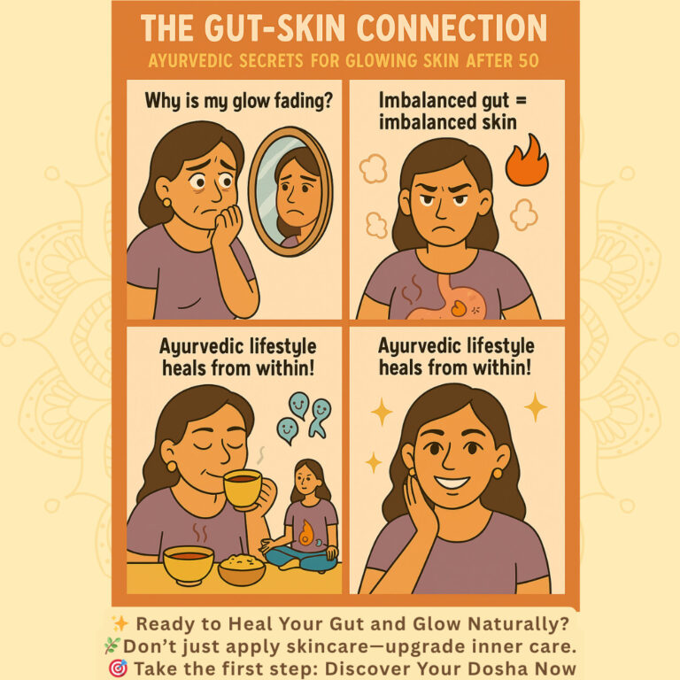Cartoon illustration showing the gut-skin connection and how Ayurveda helps women 50+ restore skin glow through inner healing.