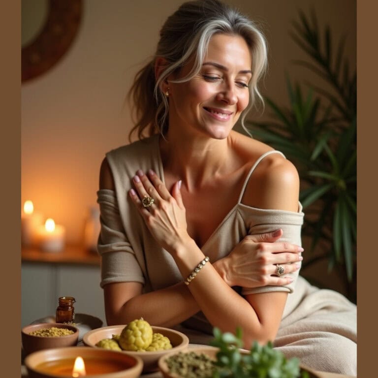 Ayurvedic hormone balance for women over 50. Smiling mature woman enjoying Ayurvedic self-care surrounded by natural herbs, oils, and candles-representing hormonal balance and postmenopausal vitality through daily rituals.