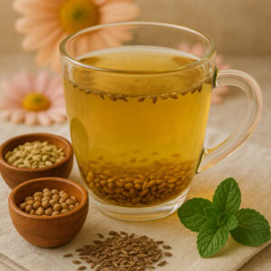 A warm cup of Ayurvedic CCF tea with cumin, coriander, and fennel seeds, styled with mint leaves and soft flowers.