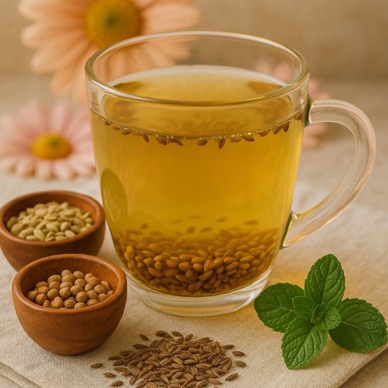 A warm cup of Ayurvedic CCF tea with cumin, coriander, and fennel seeds, styled with mint leaves and soft flowers.